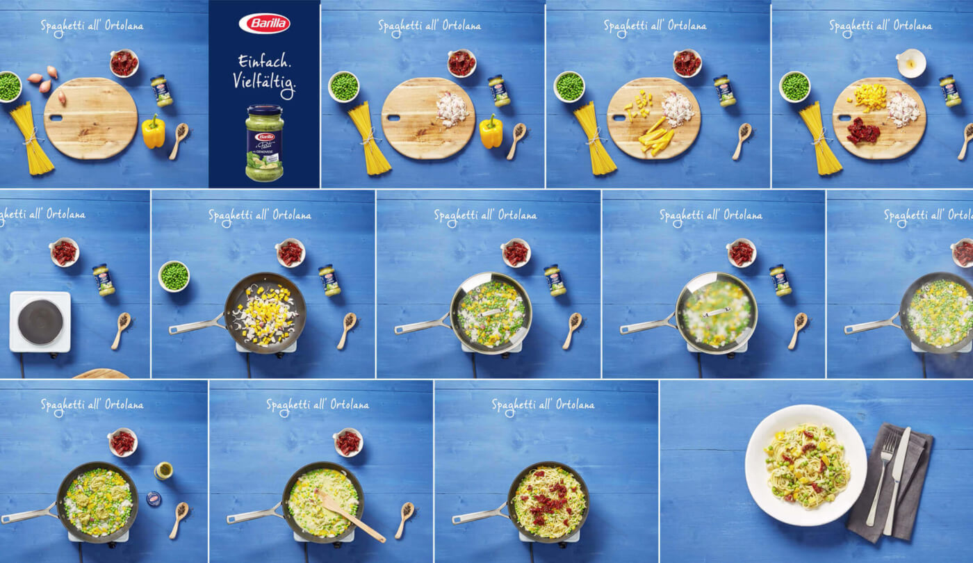 Standbilder des Pesto-Rezeptfilms für Barilla Spaghetti all‘ Ortolana