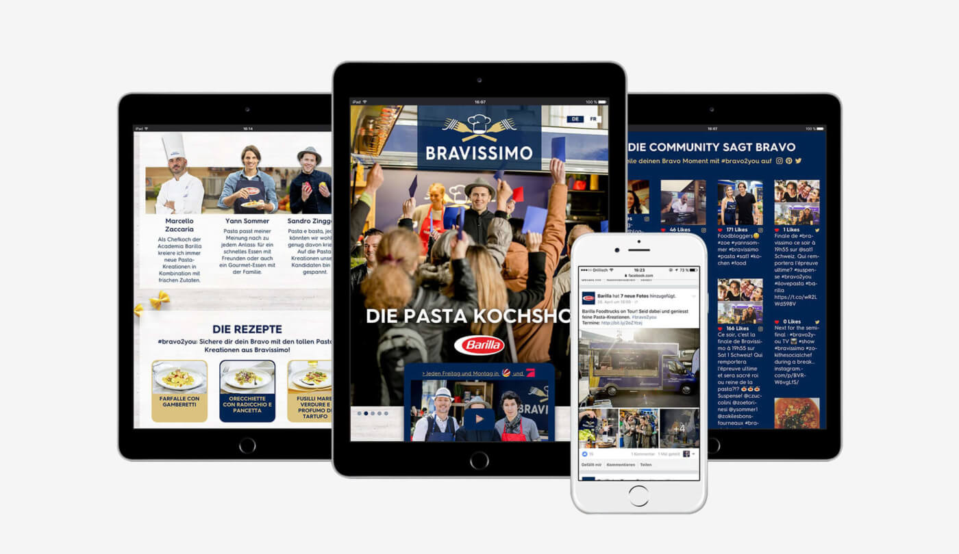 Screens zur Kochshow Bravissimo und begleitende Facebook-Posts
