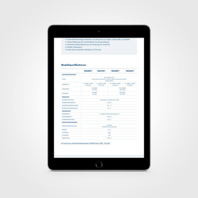 Eine Online-Matrix zu Modellspezifikationen mehrerer Krüss-Produkte