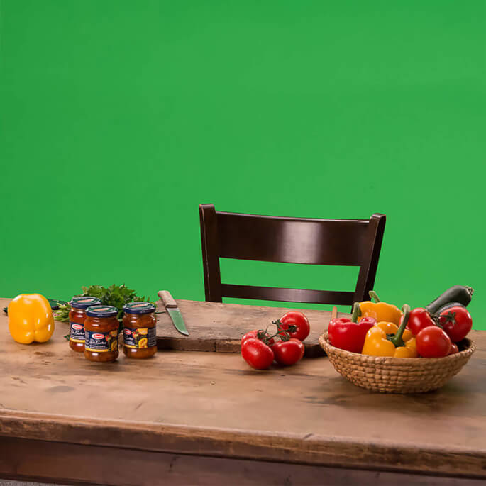 Aufbau für einen Barilla Saucen-Film mit Greenscreen