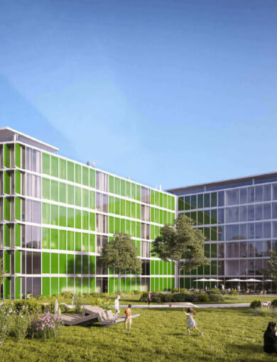 Das innovative Bürogebäude von cellparc mit einer grünen, bewachsenen Fassade