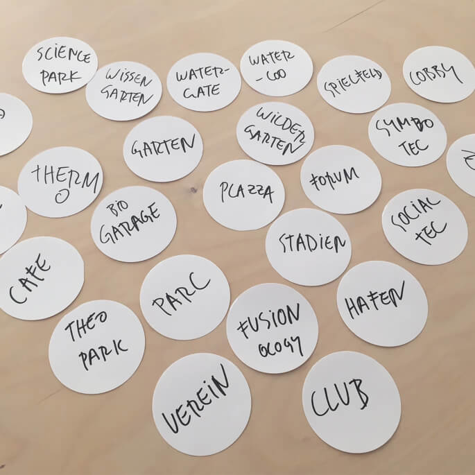 Pinwand mit kreativen Ansätzen fürs Naming