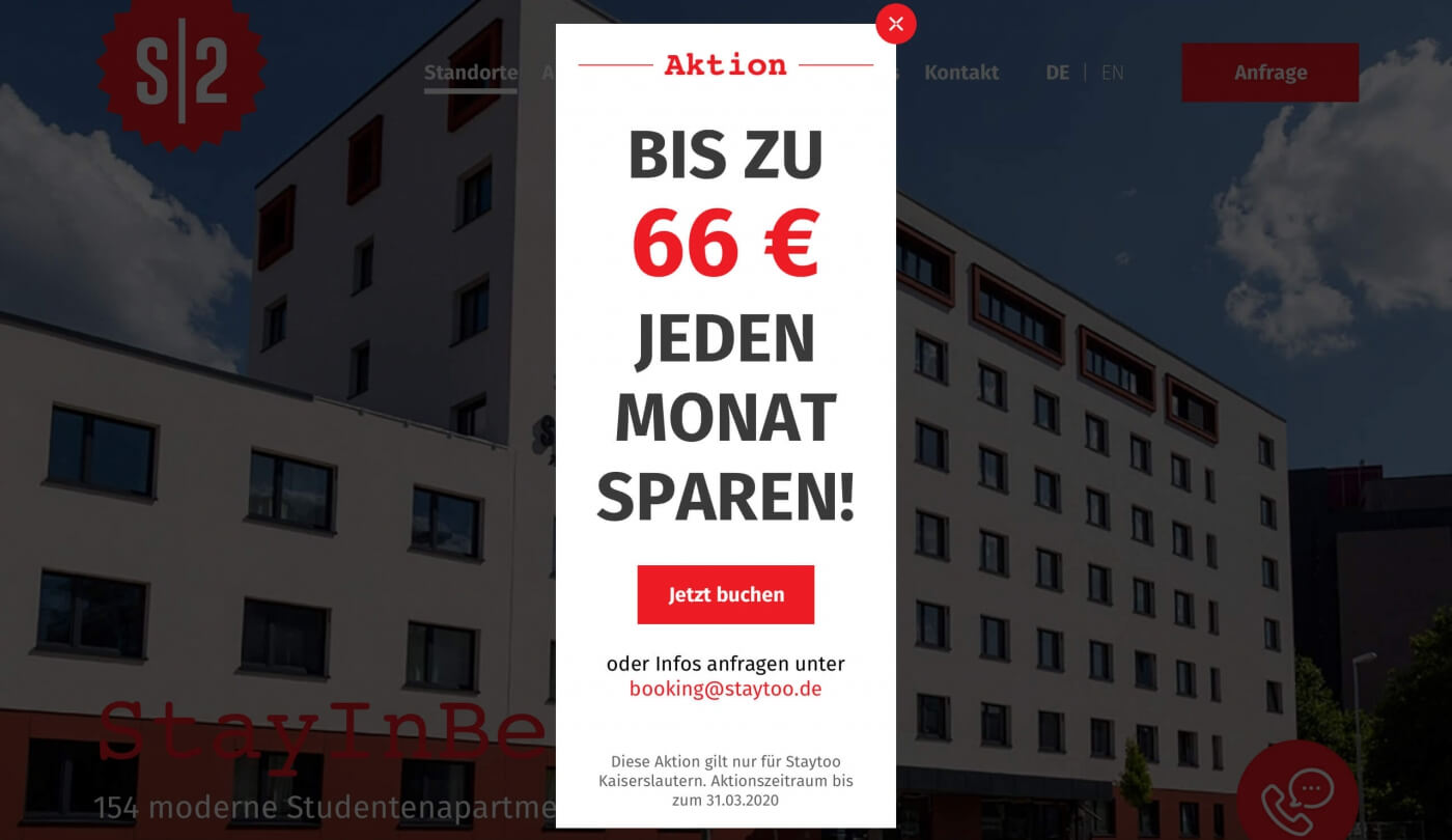 Aktions-Layer für das Buchungsanfrage-Tool von Staytoo