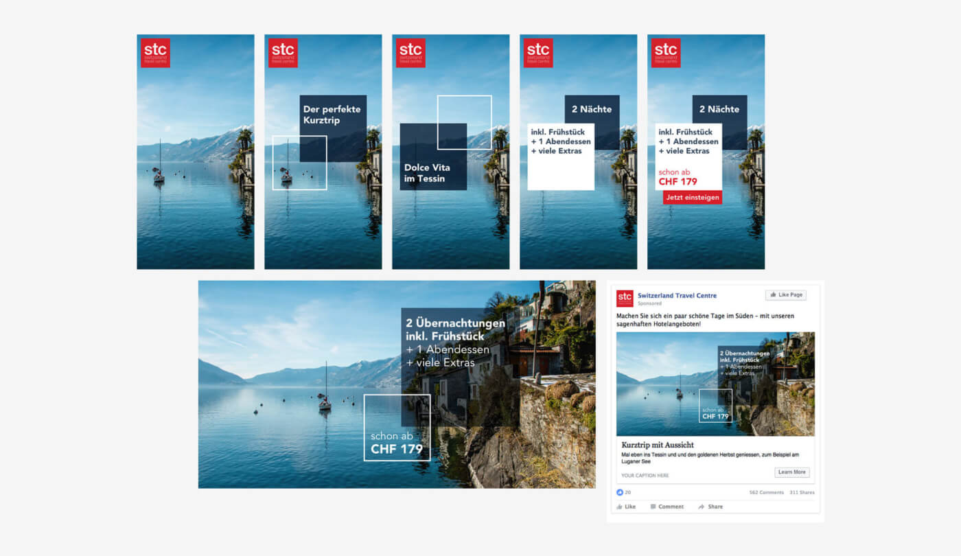 Banner-Kampagnen inklusive Facebook-Ads für Tessin-Reisen
