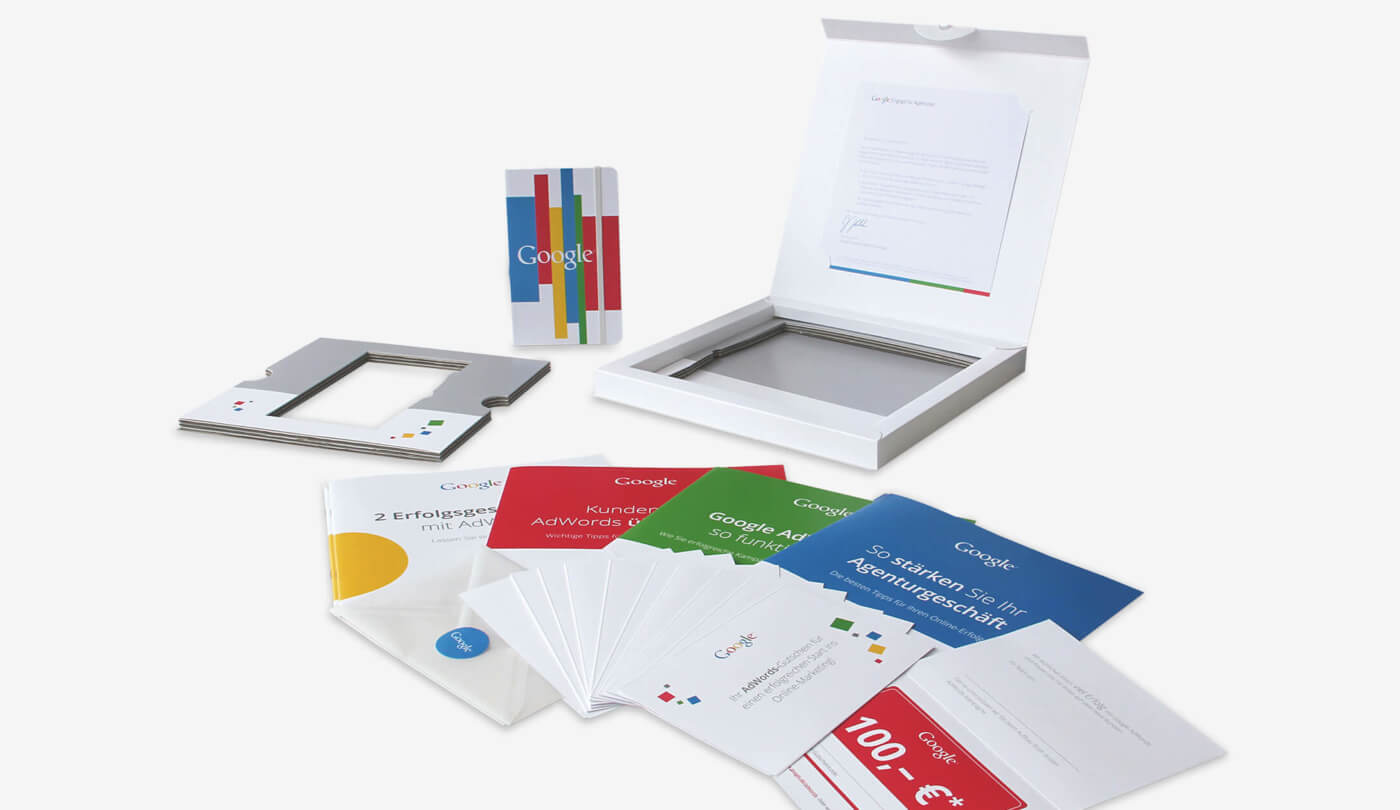 Das komplette 3D-Mailing an Google-Partneragenturen mit allen Bestandteilen