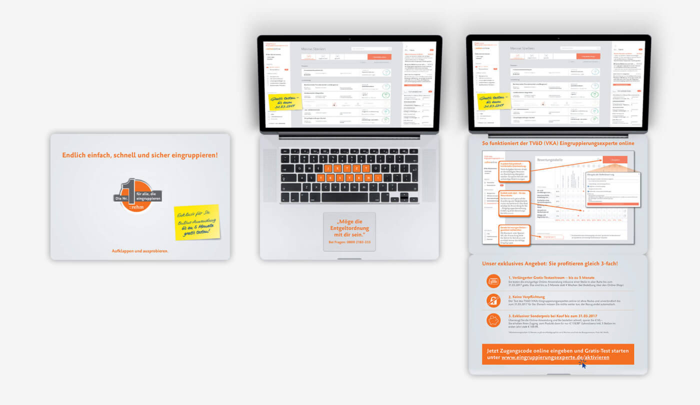 3D-Folder in Optik eines Laptops für ein rehm Online-Produkt