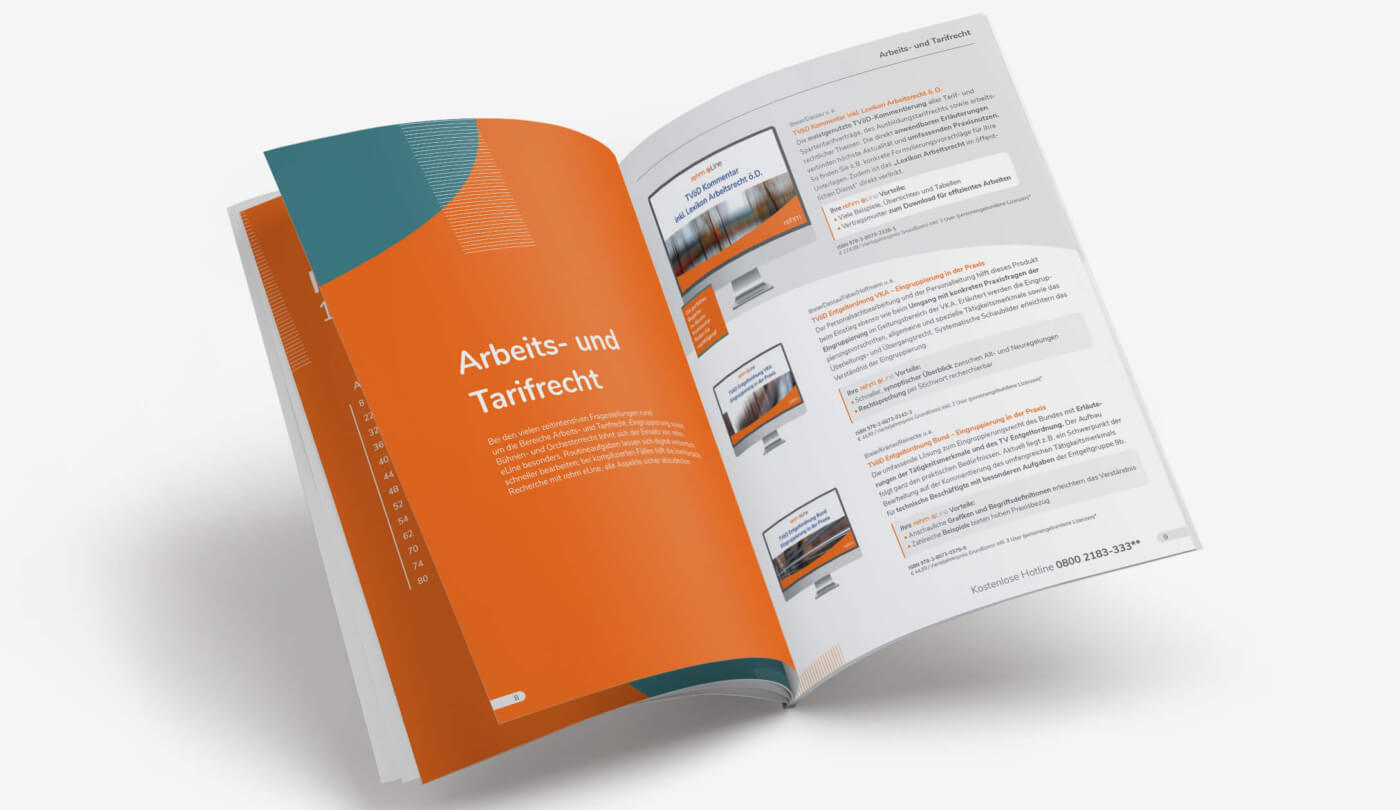 Innenseiten des rehm Katalogs zeigen Onlineprodukte zum Arbeits- und Tarifrecht