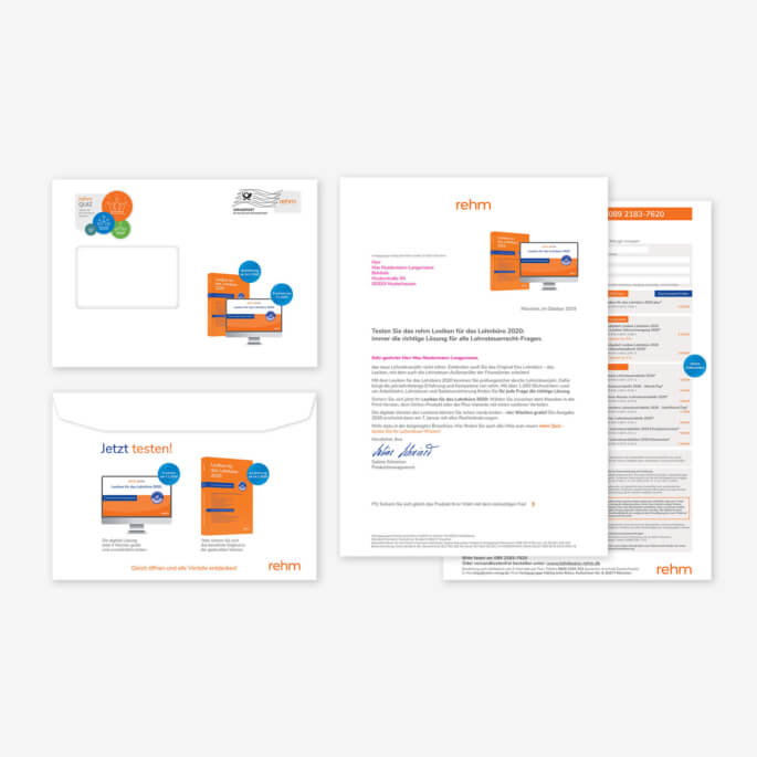 Versandhülle, Brief und Bestellformular eines Printmailings von rehm