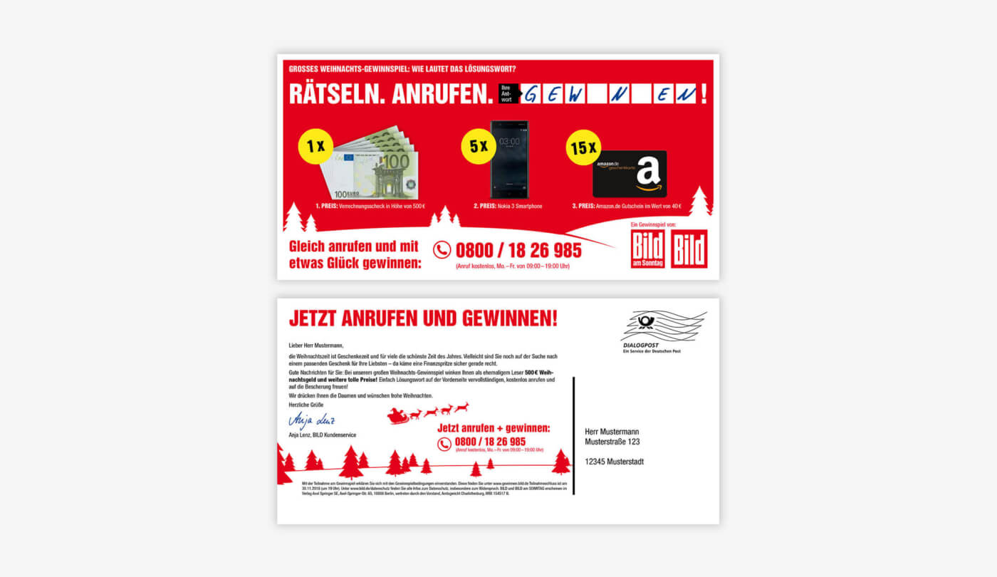 Weihnachtliche Gewinnspielkarte mit Call-in-Mechanik