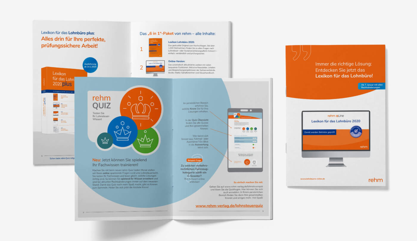 Innenseiten der Produktbroschüre für das rehm Lexikon Lohnbüro