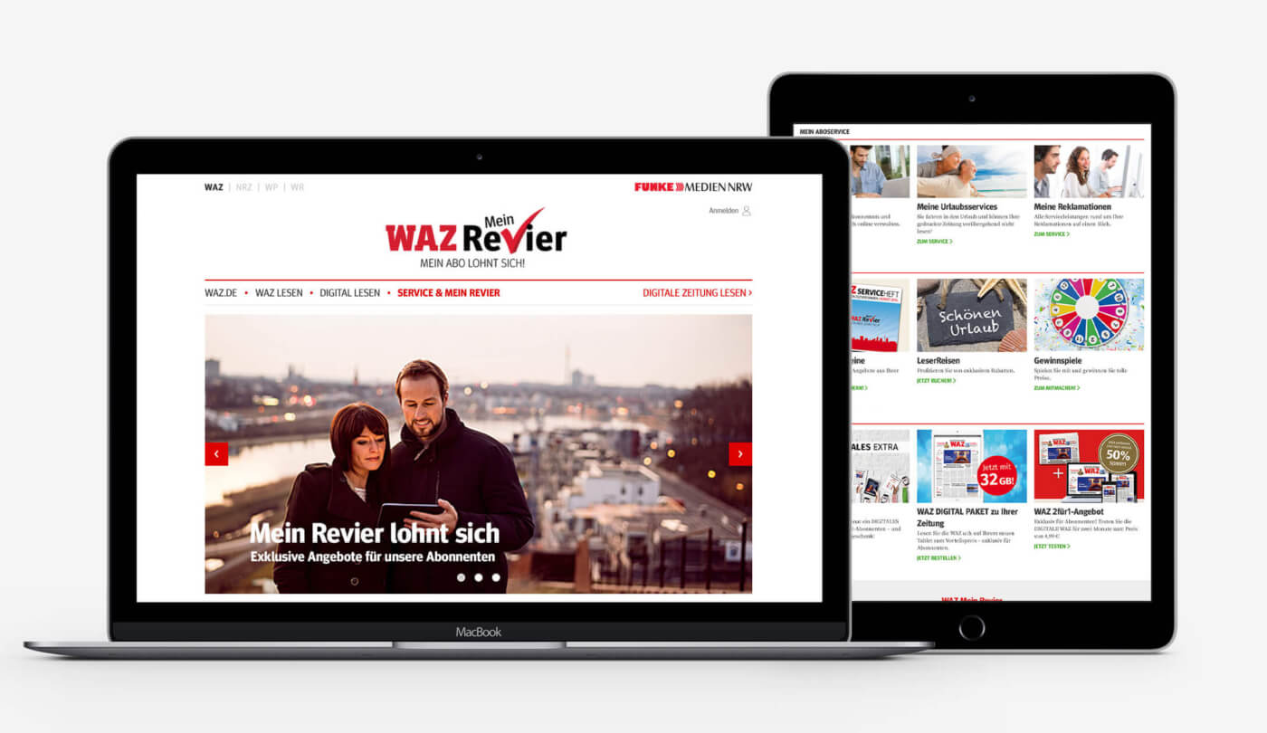 Homepage des WAZ Abonnenten-Service „Mein Revier“ auf Laptop und Tablet