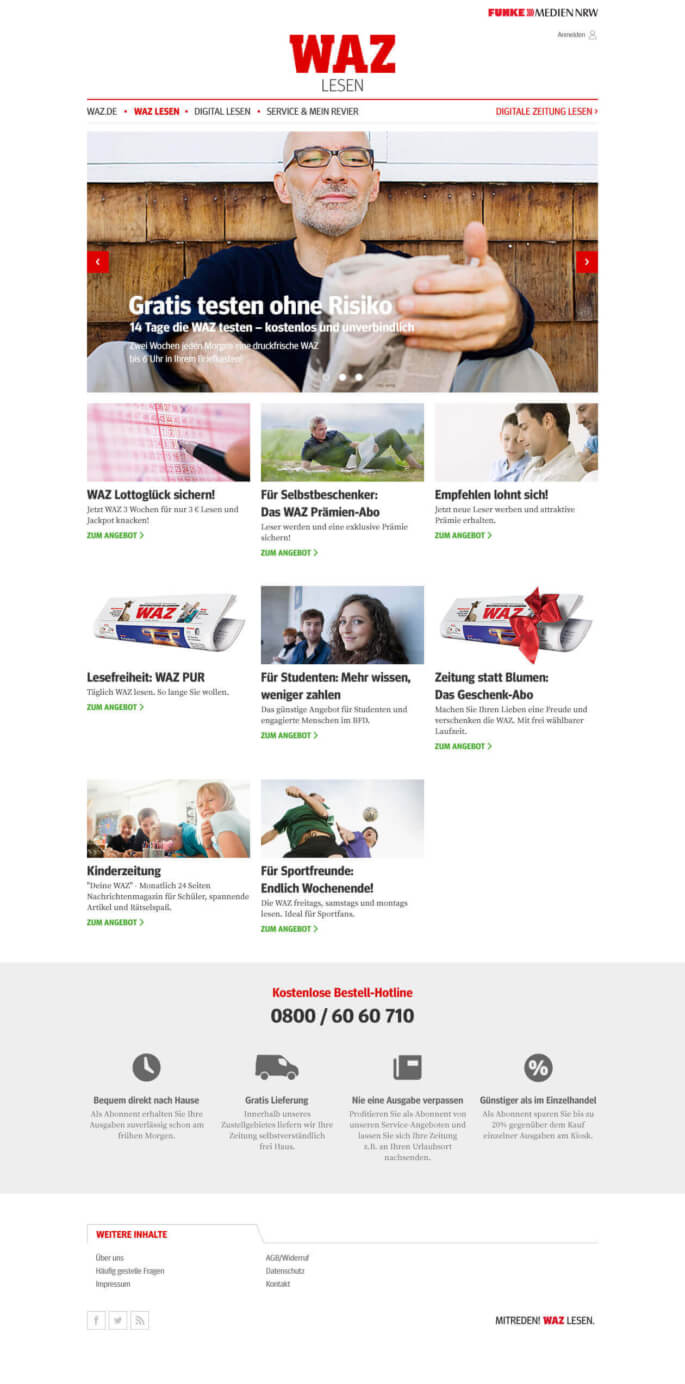 Die WAZ-Website mit Testabo und Prämien-Abo