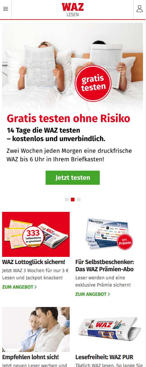 Die WAZ-Website mit Testabo und Prämien-Abo