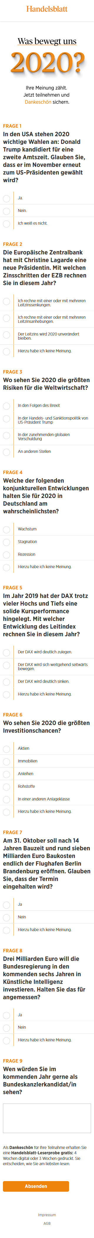 Der Online-Fragebogen des Handelsblattes