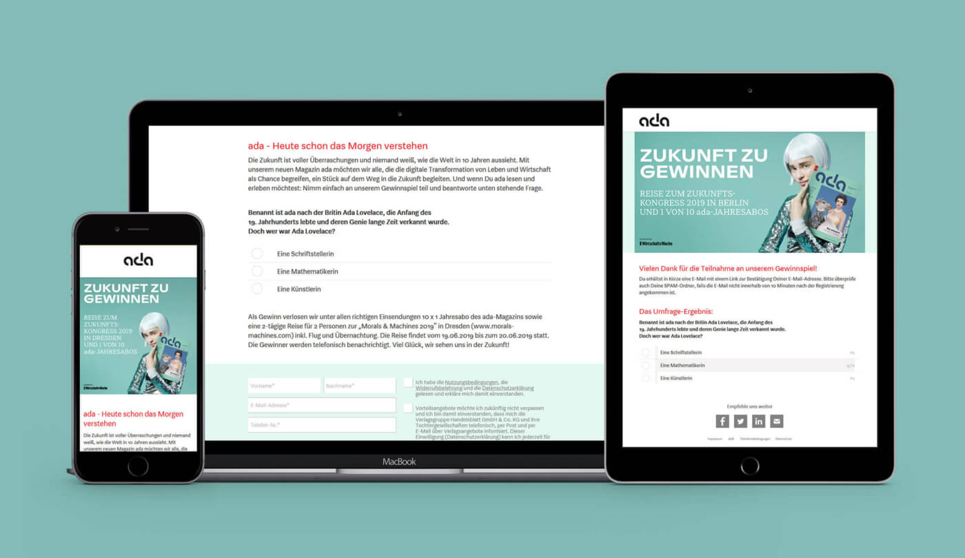 Das Quiz-Gewinnspiel der Ada-Website wurde mit Campanero erstellt