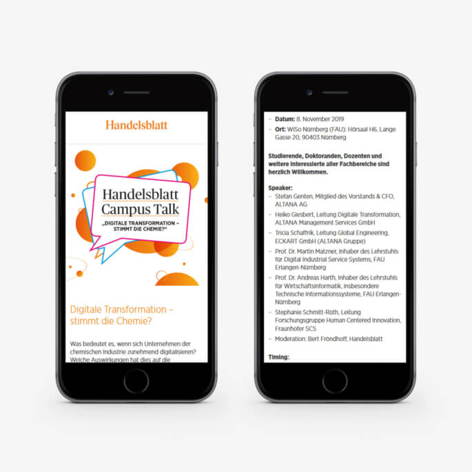 Startseite des Handelsblatt Campus Talk auf dem Smartphone