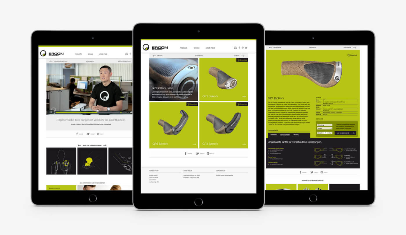 Mehrere Produkt- und Content-Unterseiten auf der Ergon Website