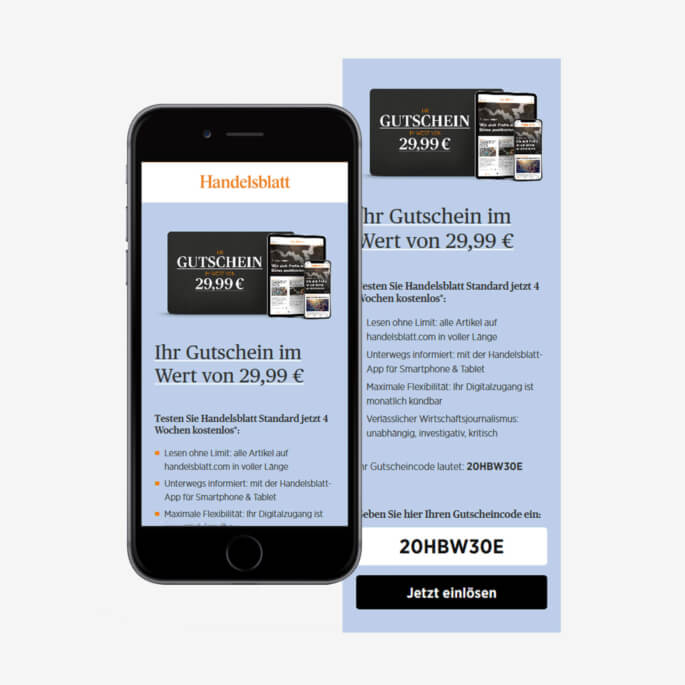 E-Mail mit einer Gutschein-Aktion für das Handelsblatt Testabo